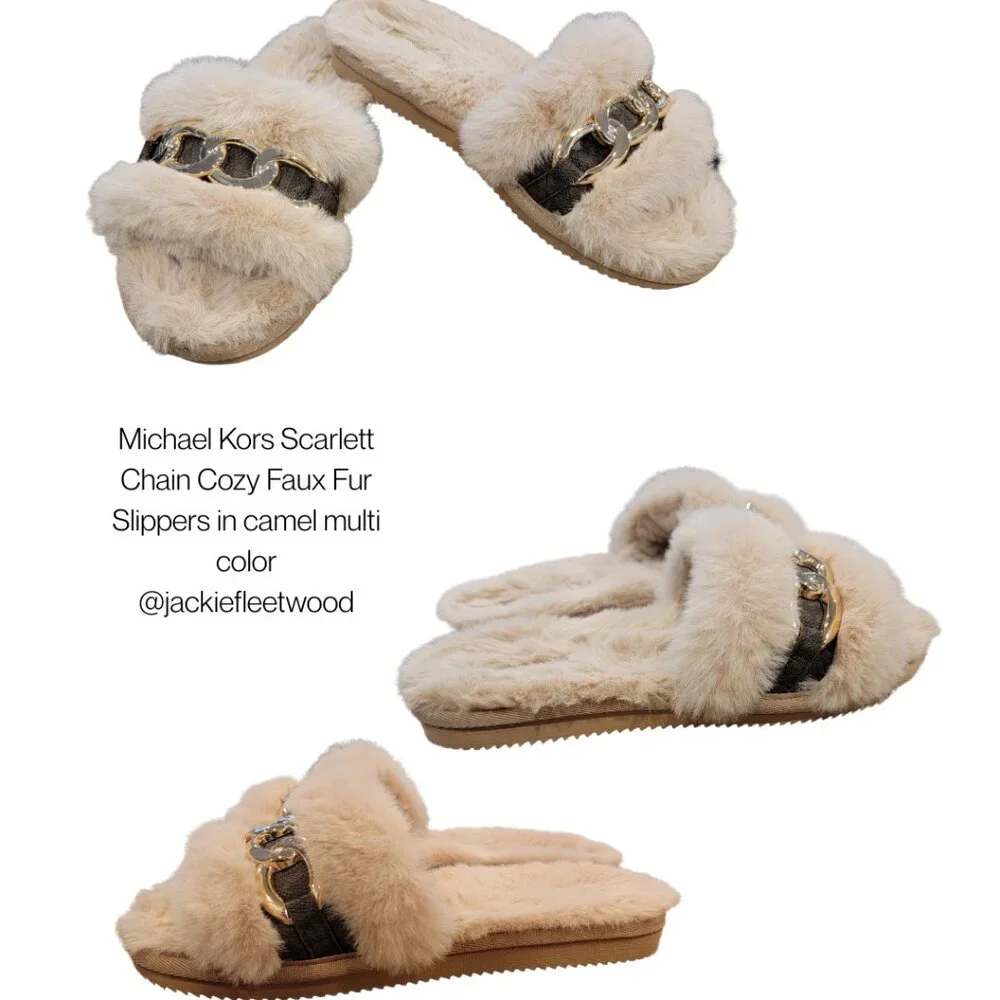 Michael Kors Scarlett Chain Cozy Faux Fur Slippers in camel multi color